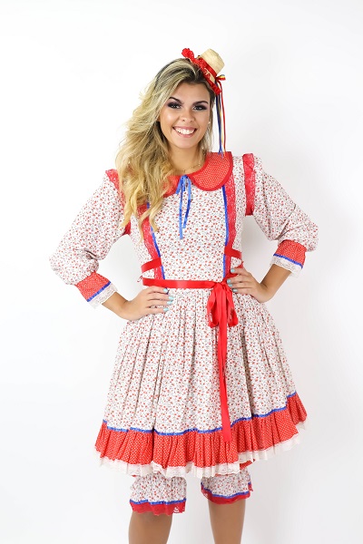 Festa Junina Vestido branco flor mi�da vermelho